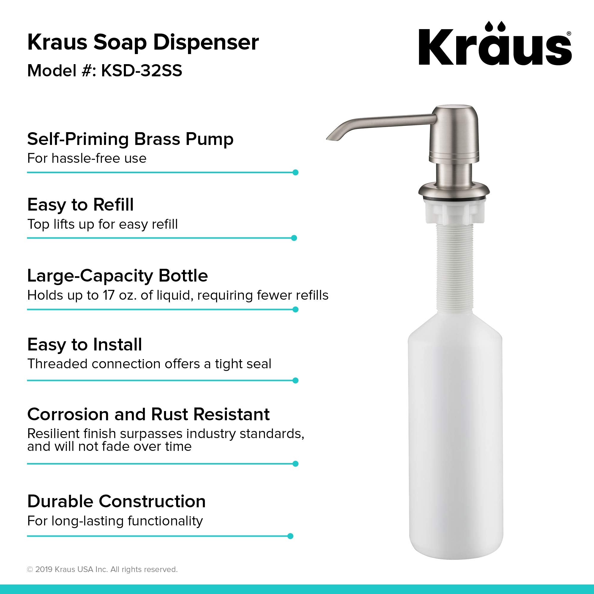Kraus Kitchen Soap Or Lotion Dispenser With 17 Oz. Large Capacity Bottle And Brass Pump In Stainless Steel