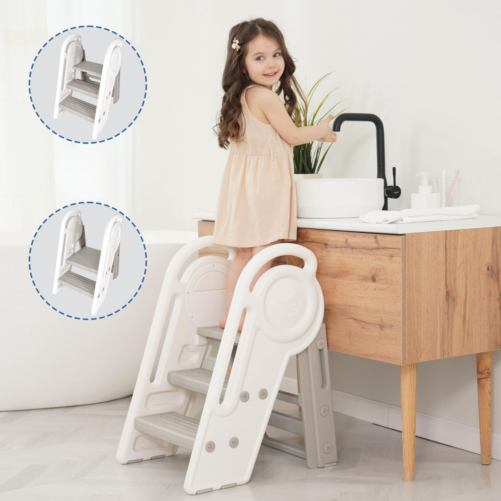 Harwaya Foldable Toddler Step Stool for Bathroom Sink, Adjustable Kids 3 or 2 Step Stool for Toddlers Bathroom Toilet Potty, Pla