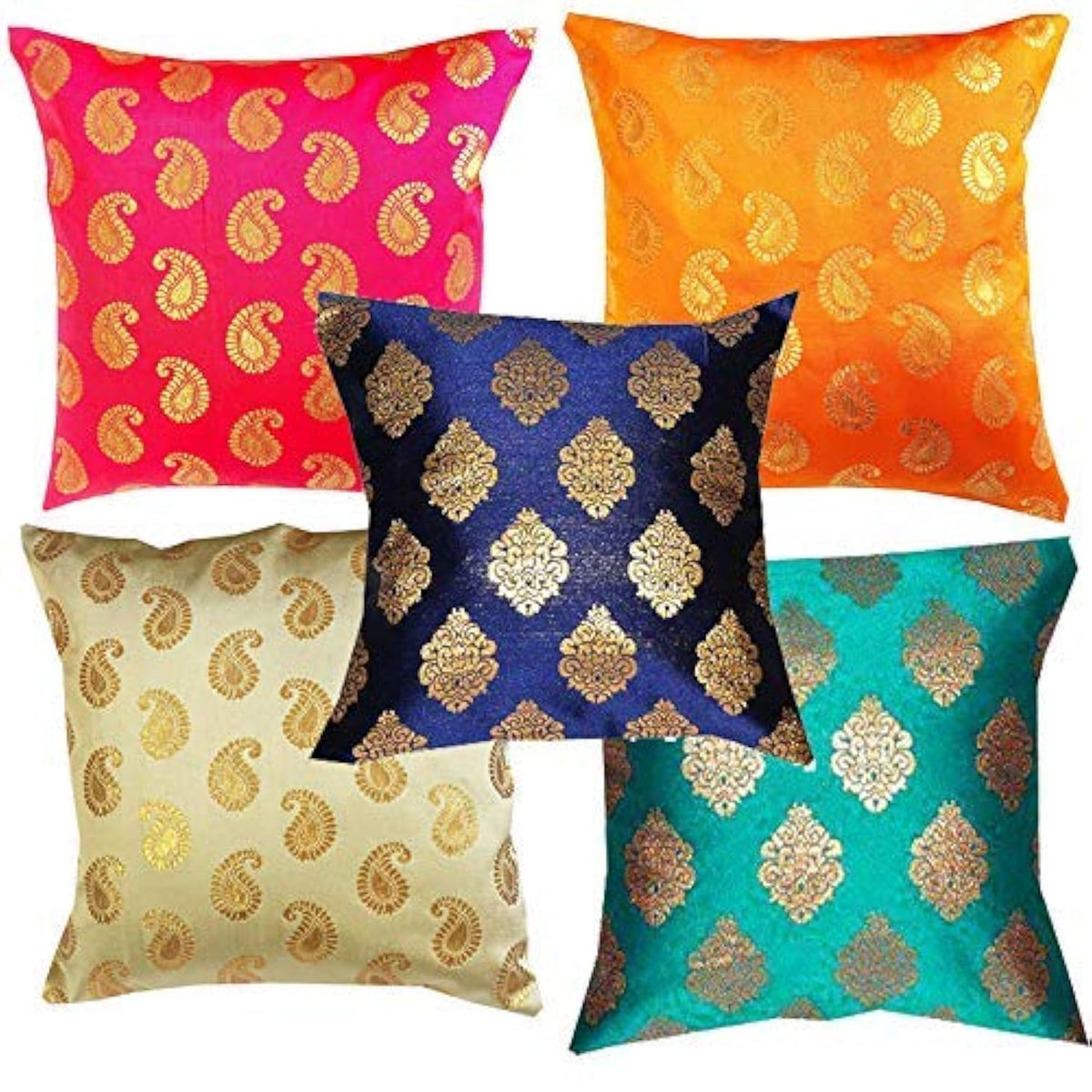 Pink Parrot Art Silk Multi ColourCushion Cover With Zipper 16X16 InchSet Of 5 Pcs