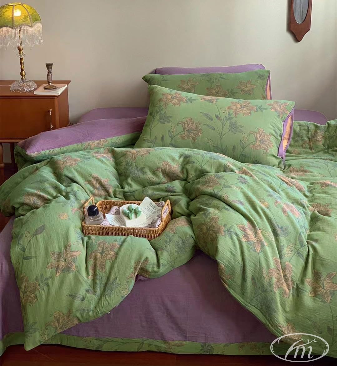 Vm Vougemarket Green Flower Duvet Cover Set Twin,3Pcs Yarn-Dyed Linen Cotton Jacquard Duvet Cover With 2 Pillowcases Garden Styl