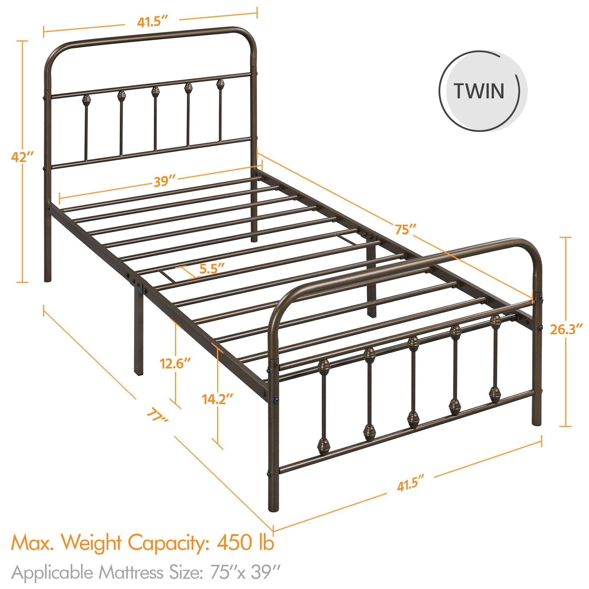Yaheetech Classic Metal Platform Bed Frame Mattress Foundation With Victorian Style Iron-Art Headboard/Footboard/Under Bed Storage/No Box Spring Needed/Twin Size Bronze