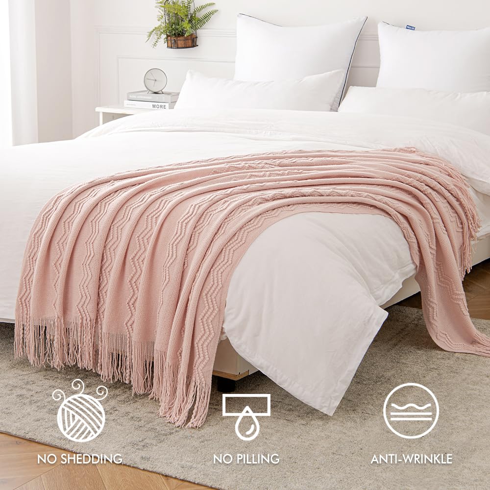Miulee Light Pink Knitted Throw Blanket For Couch Boho Textured Cozy Woven Blanket With Tassels For Sofa Chair Bed Living Room Acrylic Wave Pattern 50'X60' Valentines Day Decor