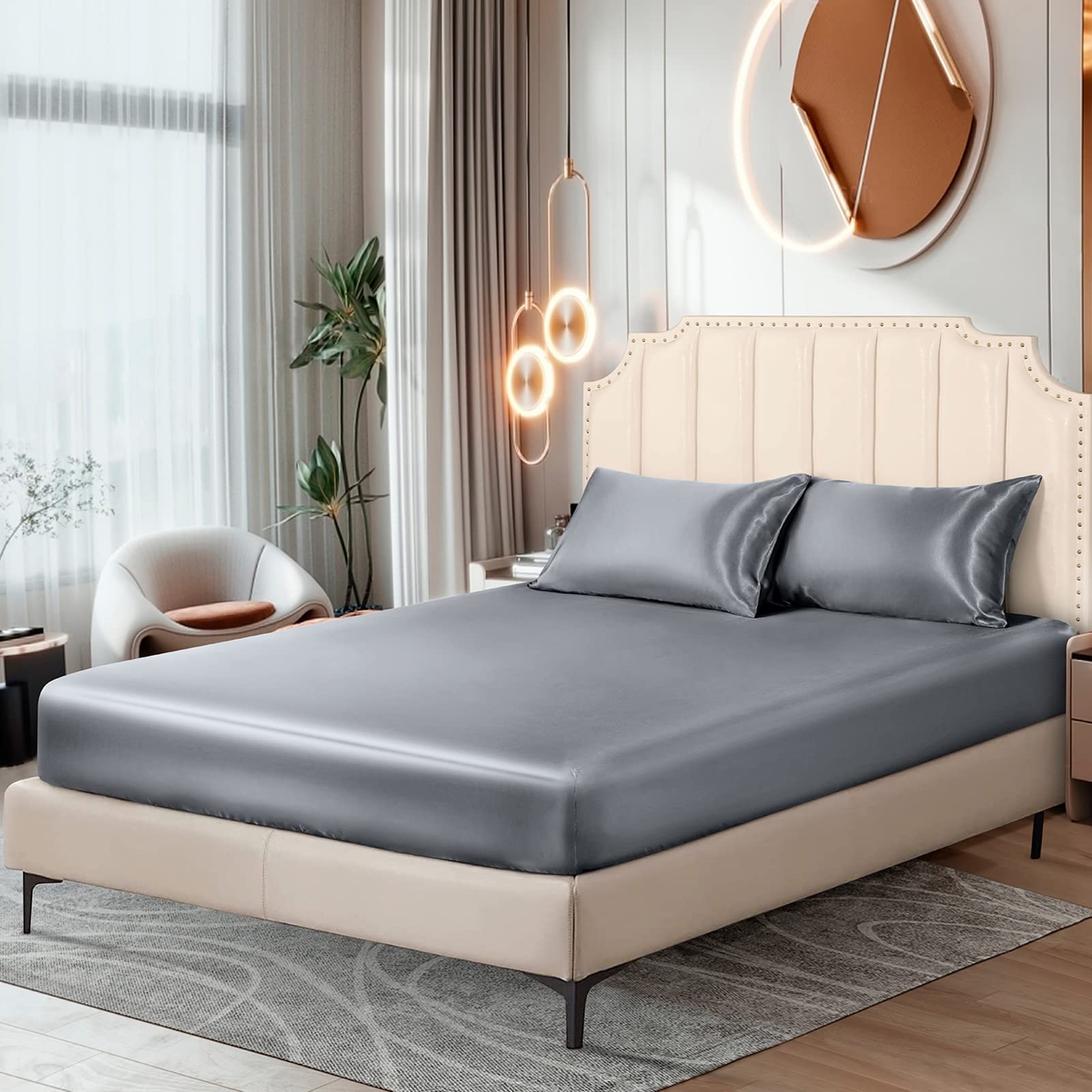 Ersmak Satin Fitted Sheet Only, Luxury Silky King Fitted Sheet Ultra Soft Deep Pocket Bottom Sheet, Wrinkle & Fade Resistant - S