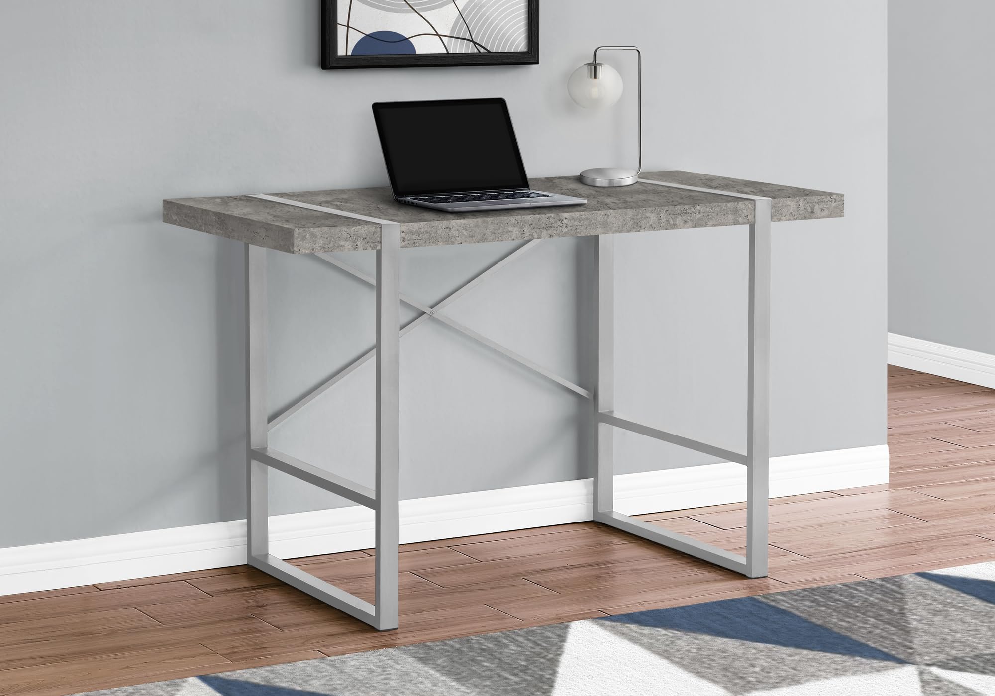 Monarch Specialties 7662 Computer Desk, Home Office, Laptop, 48' L, Work, Metal, Laminate, Contemporary, Modern Desk-48 L Grey Concrete-Look Silver, 49' L x 23.75' W x 30' H