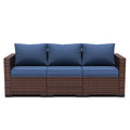 Udpatio 3-Seat Patio Wicker Sofa, Outdoor Rattan Sectional Couch Furniture Steel Frame W/Furniture Cover Non-Slip Cushion And Deep Seating High Back, Navy