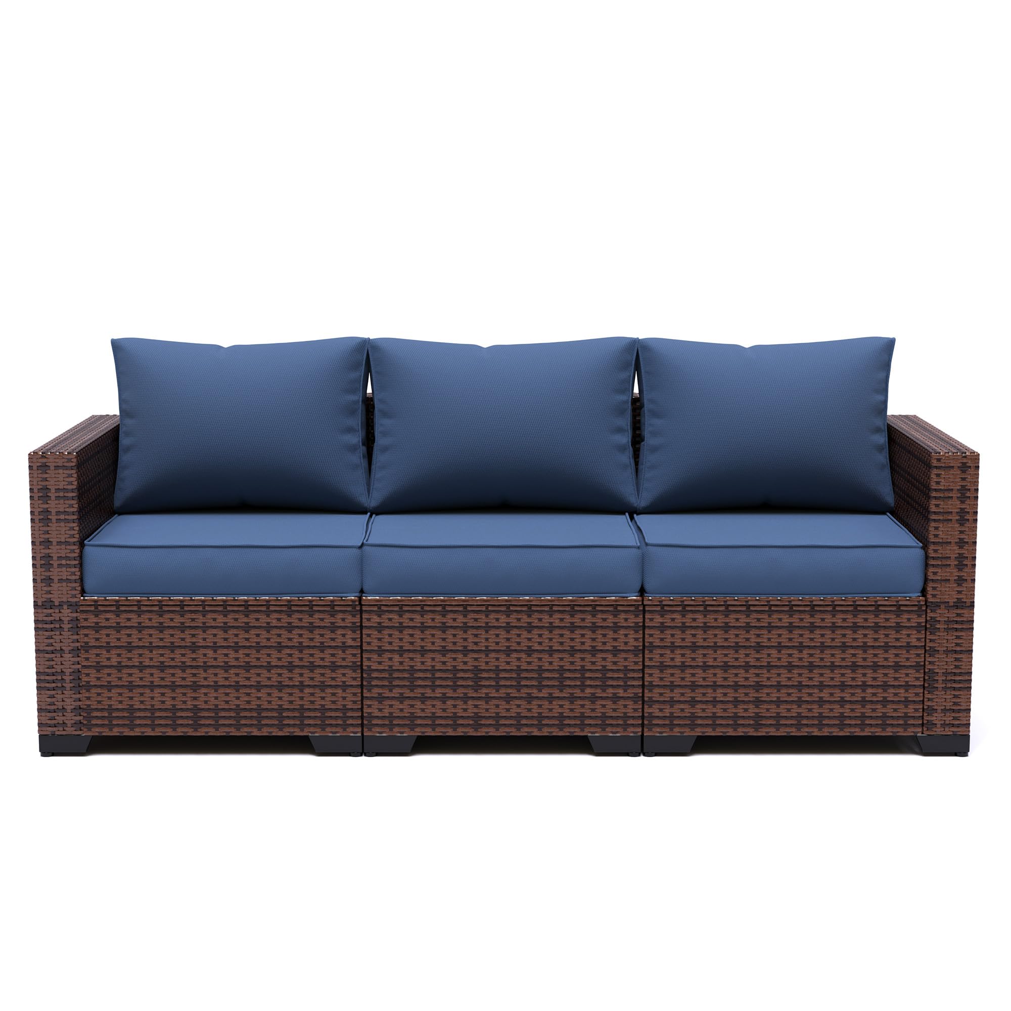 Udpatio 3-Seat Patio Wicker Sofa, Outdoor Rattan Sectional Couch Furniture Steel Frame W/Furniture Cover Non-Slip Cushion And Deep Seating High Back, Navy