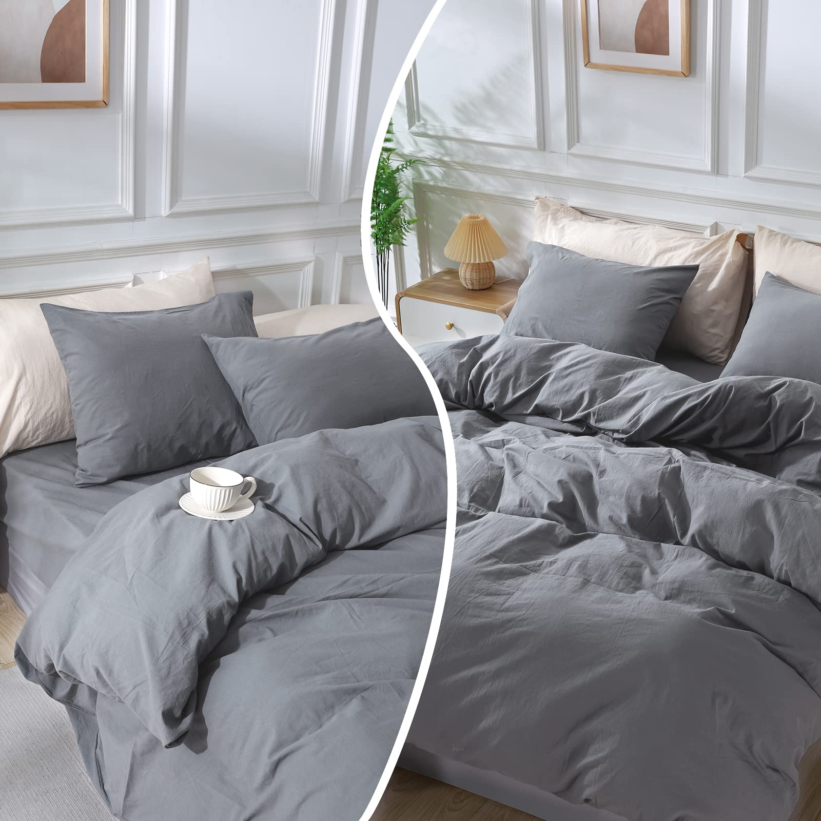 Nexhome Pro Cotton Duvet Cover Oversized Queen 92'X98' Linen Look Textured Organic Natural 100% Washed Cotton Duvet Cover 3 Pieces Bedding Set Zipper Closure, Breathable, Soft, Grey (No Comforter)
