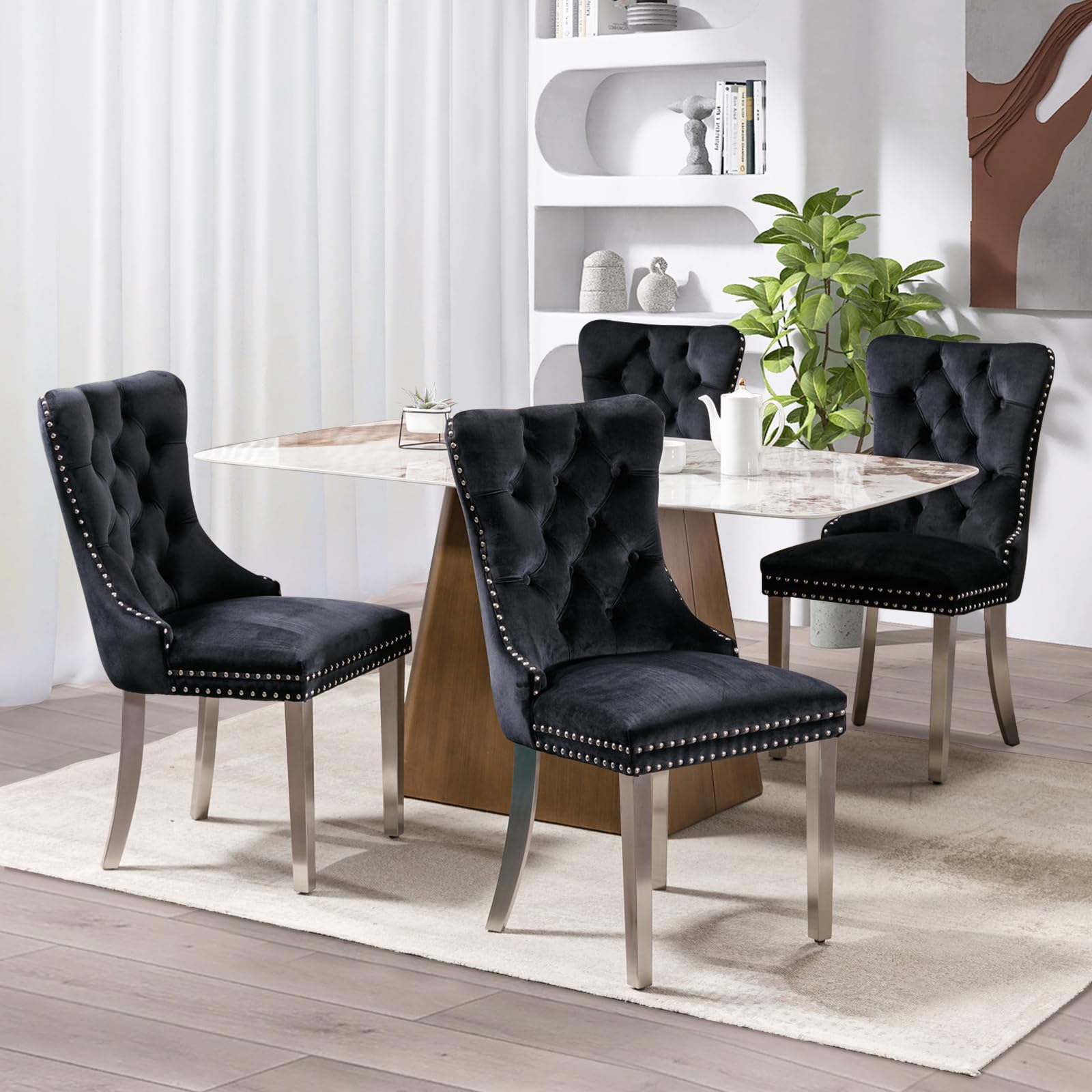 Soarflash Velvet Dining Chair Set Of 4, Upholstered Tufted Dining Room Chair With Nailhead Trim, Solid Silver Plated Leg For Kit