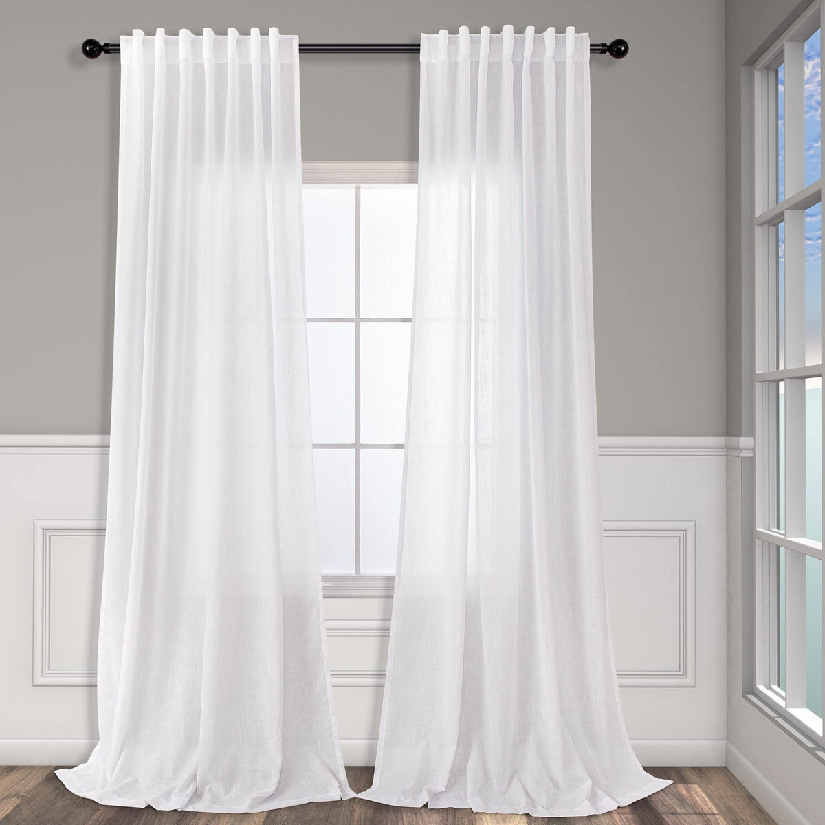 102 Inch Curtains White Linen Drapes For Bedroom 2 Panels Set Back Tab Loop Pocket Cotton Textured Lace Look Semi Sheer Light Fi