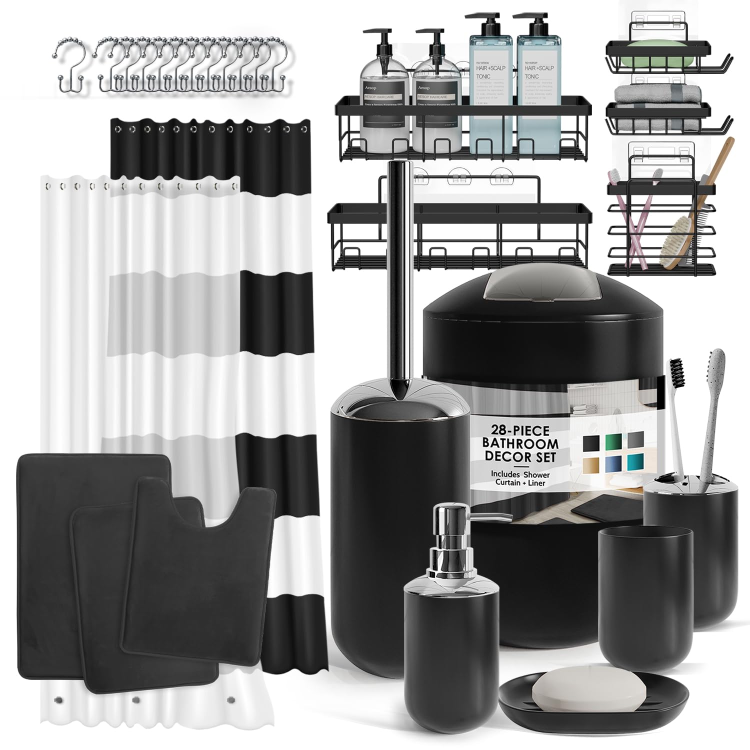 Clara Clark Bathroom Accessories Set - 28PC Bathroom Set with Adhesive Corner Shower Caddy Hanging, Bathroom Sets with Shower Cu