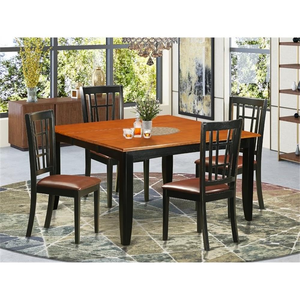 East West Furniture PFNI5-BCH-LC 5 Piece Kitchen Table Set for 4 Includes a Square Dining Room Table with Butterfly Leaf and 4 Faux Leather Upholstered Chairs, 54x54 Inch, Black & Cherry