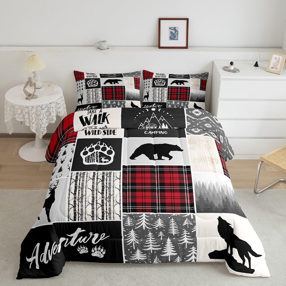 Deer Antlers Comforter Set Twin Size,Bear Paws Pine Trees Xmas Bedding Set For Kids Boys Girls Adults Room Decor,Lattices Patchw