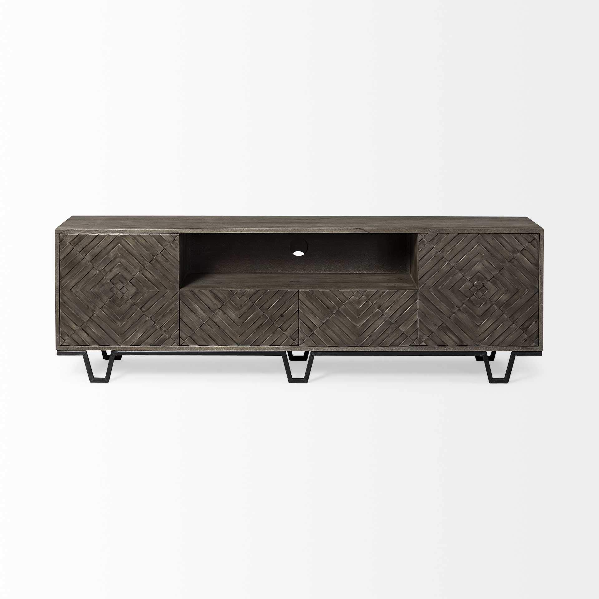 HomeRoots Medium Brown, Black Wood, Metal Medium Brown Wood TV Stand Media Console with 4 Doors and Small Media Shelf