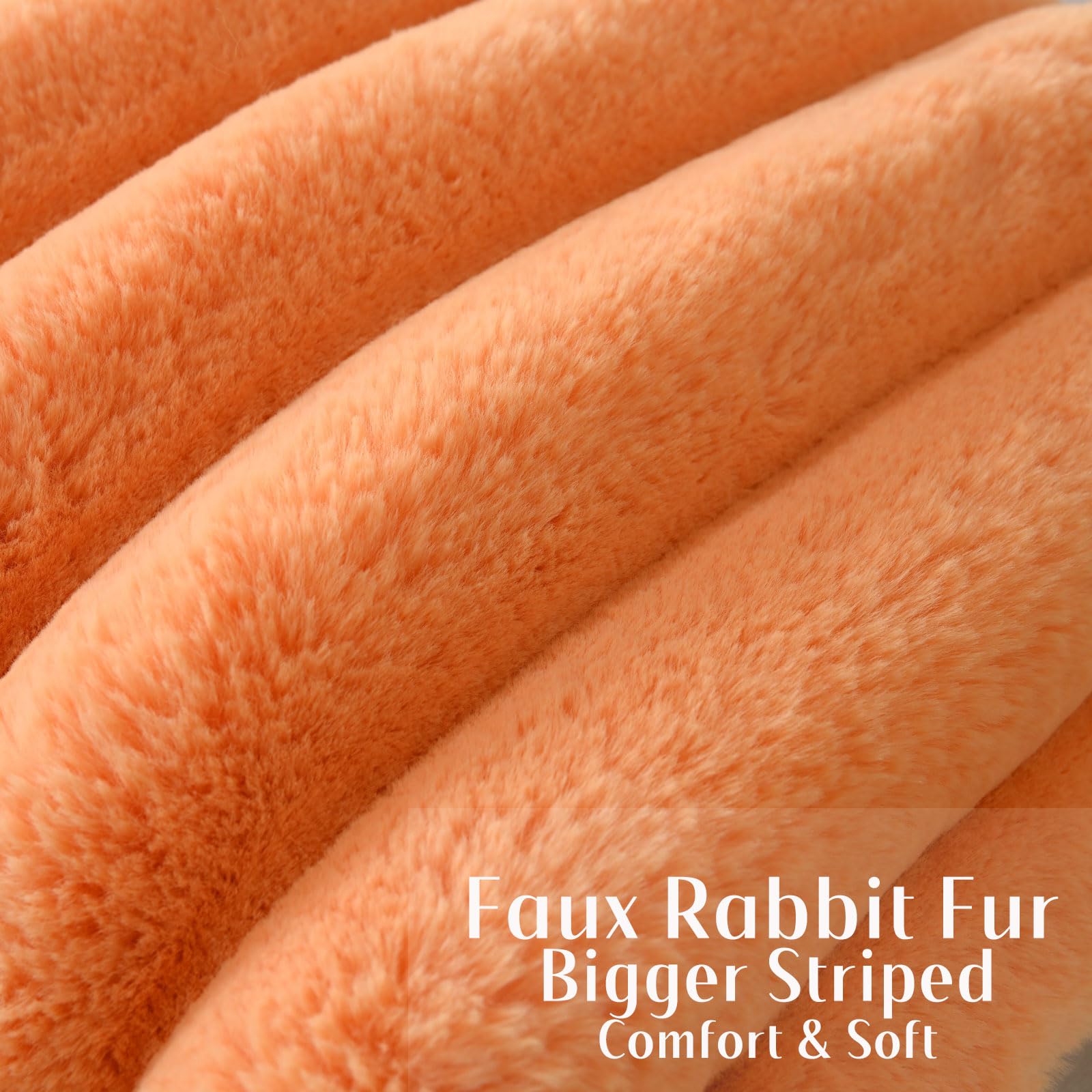 Futei Orange Decorative Throw Pillow Covers 20X20 Inch Set Of 2, Square Soft Faux Rabbit Fur Big Striped Cushion Cover,Home Deco