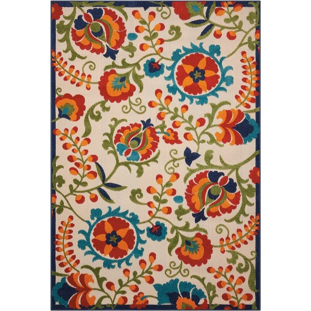 Nourison Aloha Indoor/Outdoor Blue/Grey 4' X Round Area -Rug, Easy -Cleaning, Non Shedding, Bed Room, Living Room, Dining Room, Deck, Backyard, Patio (4 Round)