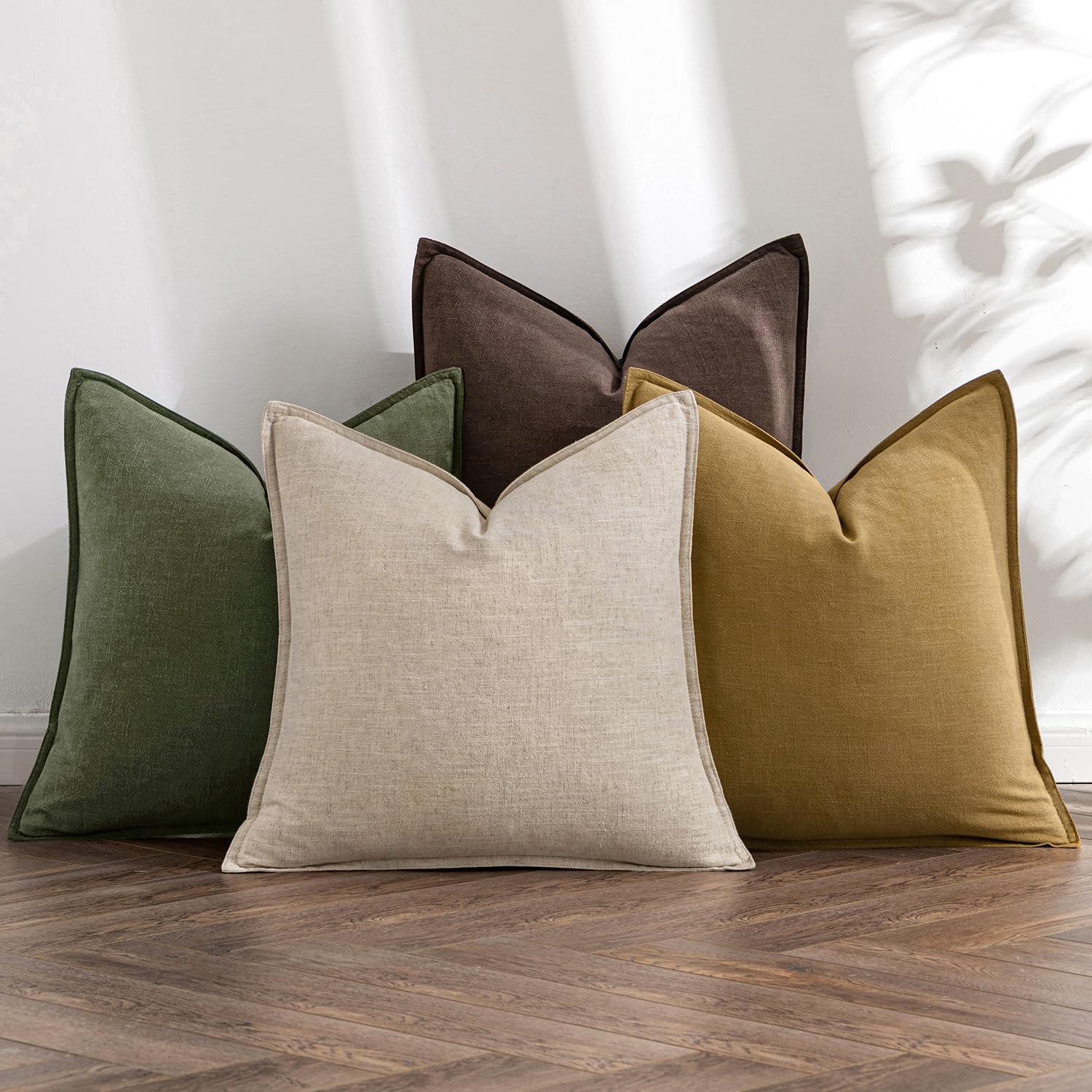 Miulee Neutral Green/Brown Linen Pillow Covers Pack Of 4 Decorative Nautral Solid Throw Pillow Covers Soft Accent Boho Farmhouse