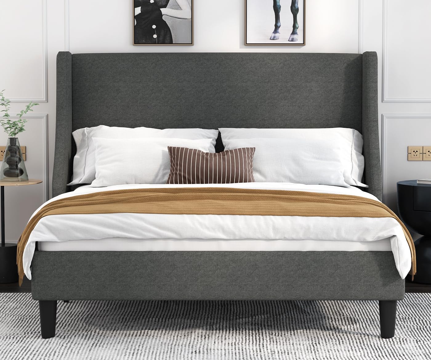 Allewie Queen Bed Frame, Platform Bed Frame Queen Size With Upholstered Headboard, Modern Deluxe Wingback, Wood Slat Support, Mattress Foundation, Dark Grey