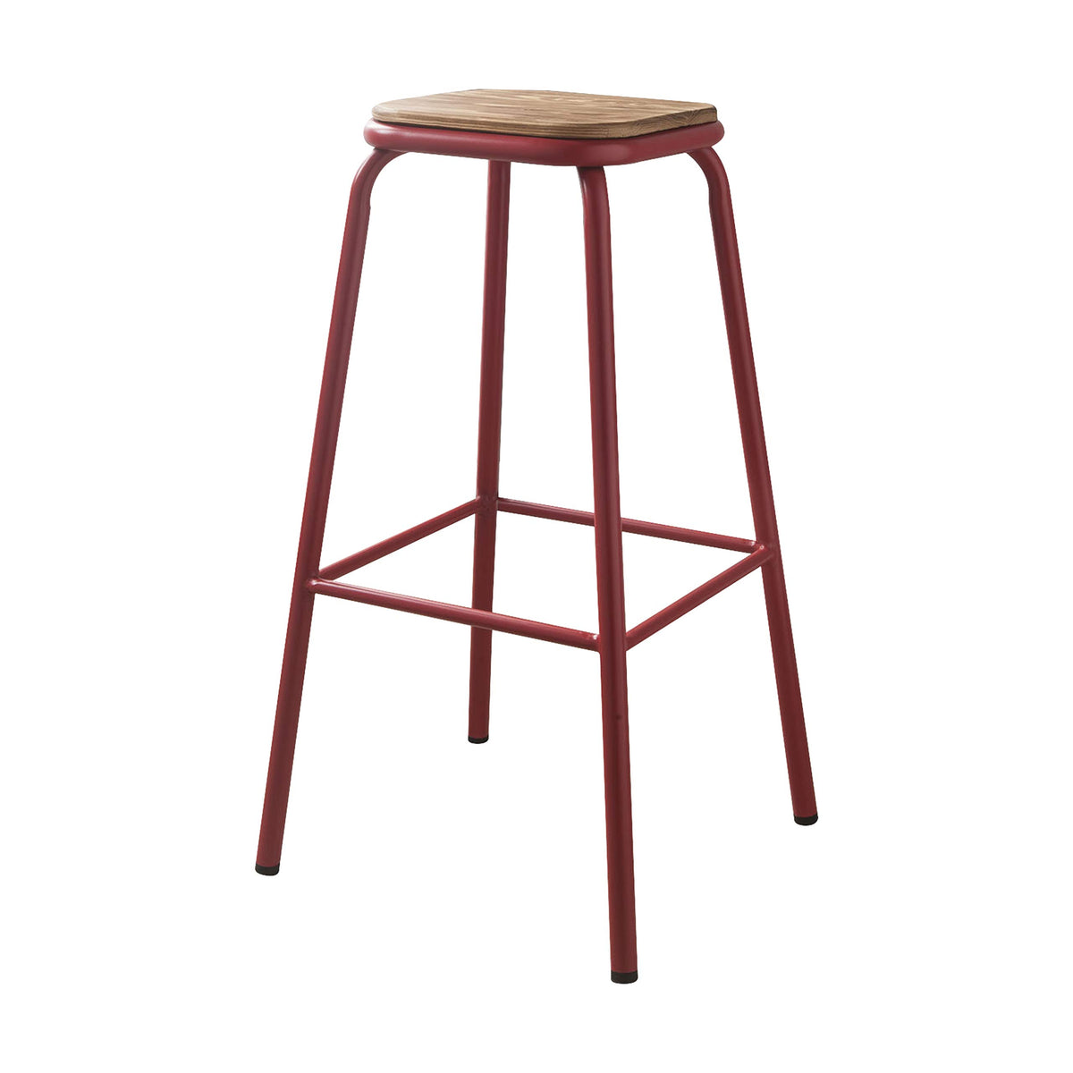 HomeRoots Natural & Red Metal, Wood Set of 2-30' Red and Natural Metal Base Backless Stools