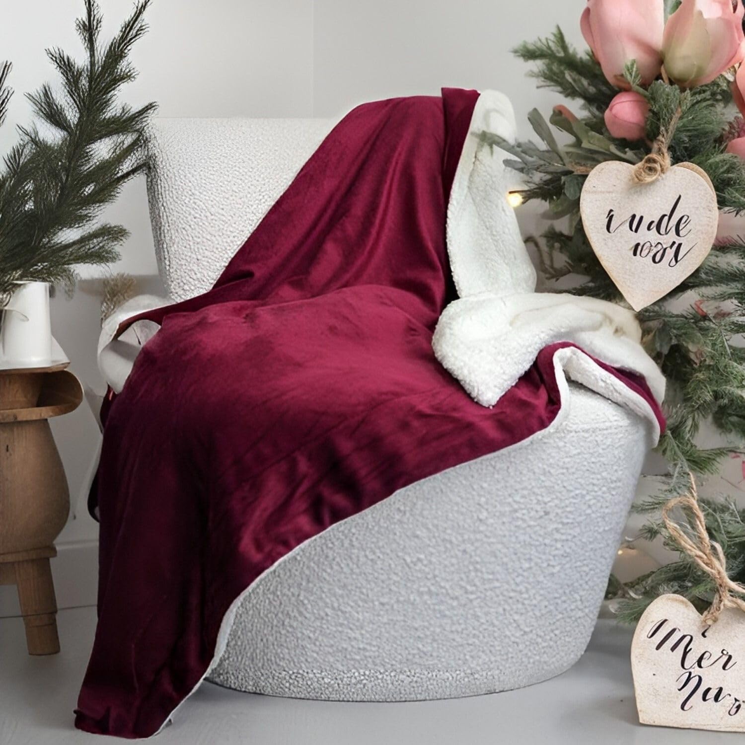 Tache Sherpa Throw Blanket Red 50X60 Inch - Solid Burgundy Wine Red And White Cozy Super Soft Warm Valentines Day Holiday Revers