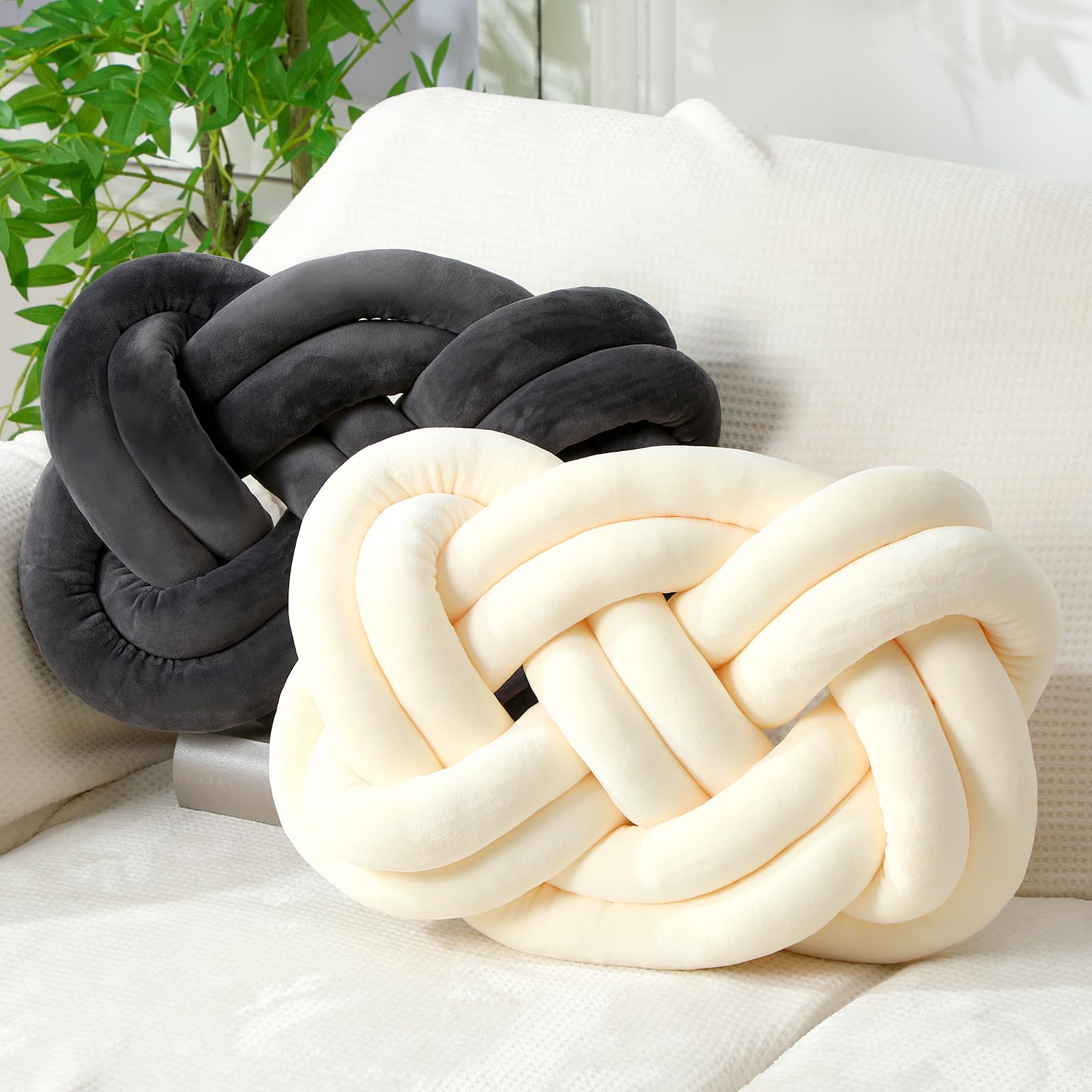 Sintuff Set of 2 Velvet Knot Pillow Ball 14 x 16 Inch Soft Decorative Knotted Throw Pillow for Christmas Thanksgiving Couch Home