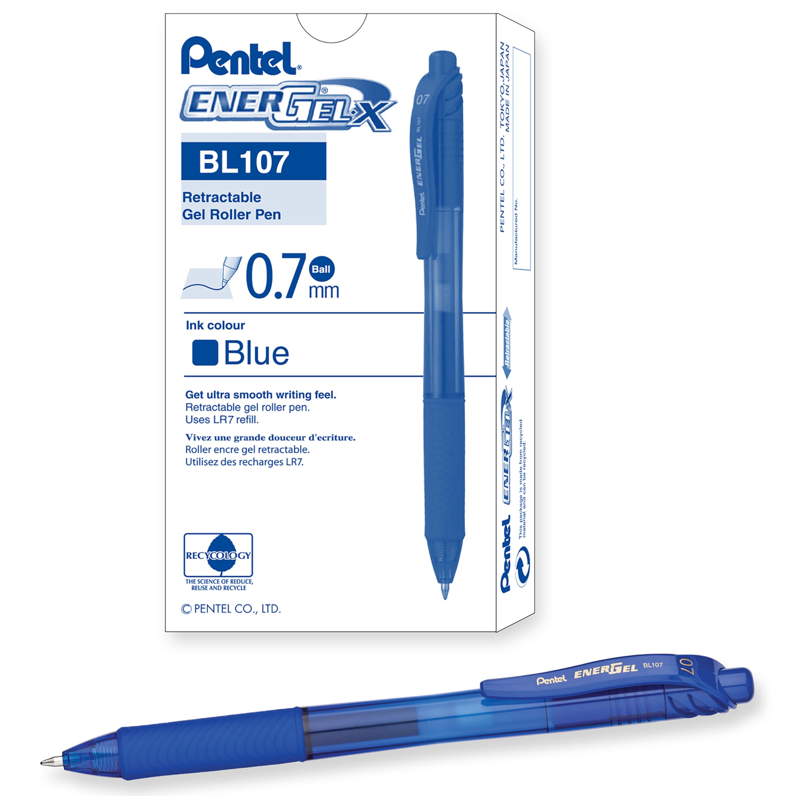 Pentel Energel-X Retractable Liquid Gel Pen, 0.7 Mm, Blue, Pack Of 12