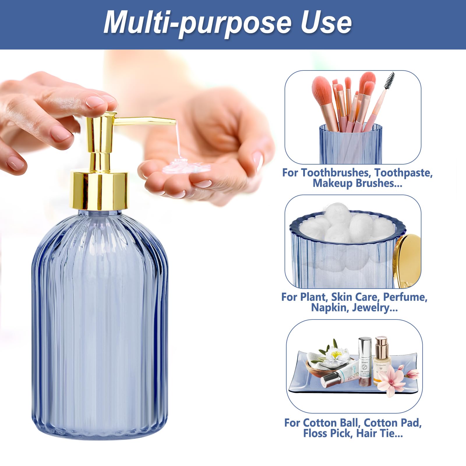 Jenseits Blue Bathroom Accessories, 4 Pcs Glass Bathroom Set Complete Includes Soap Dispenser, Toothbrush Holder, Apothecary Jar