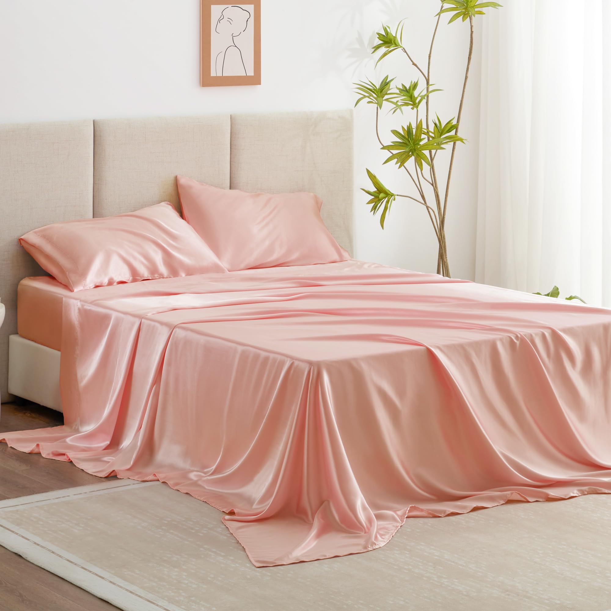 Love'S Cabin Full Size Satin Sheet Sets - 4 Piece Coral Silky Satin Sheet Set Full With Deep Pocket, Luxury Silk Feel Satin Bed Sheets Full Bedding Set (1 Flat Sheet,1 Fitted Sheet,2 Pillow Cases)