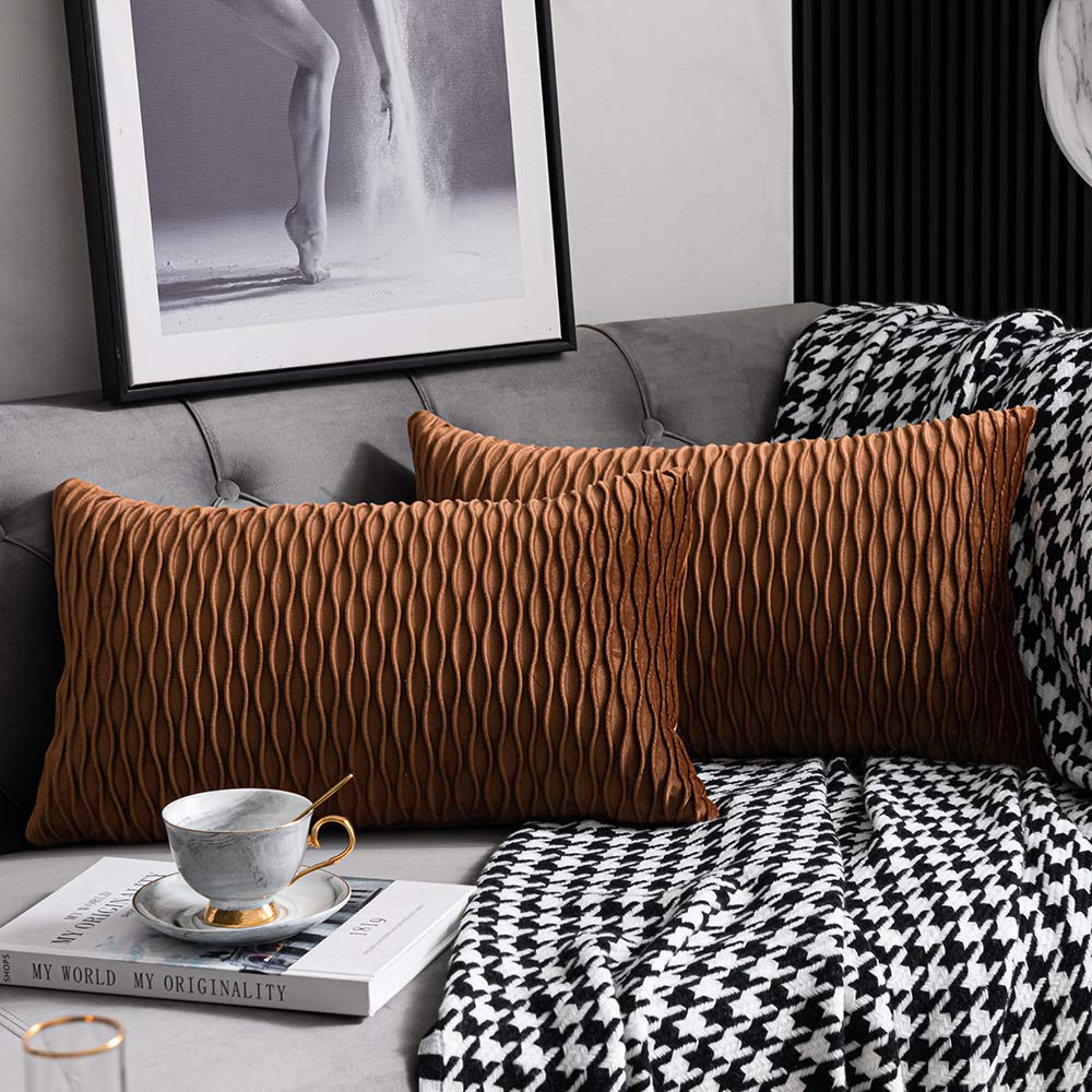 Dezene Light Brown Throw Pillow Cases: 2 Pack 12X20 Inch Original Stripe Velvet Rectangular Decorative Pillow Covers For Farmhou