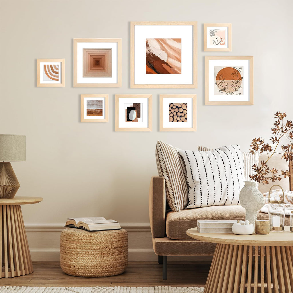 KINLINK 9x9 Wood Picture Frames Natural with Acrylic Front, Set of 4, 7x7 with Mat, Tabletop and Wall Mount