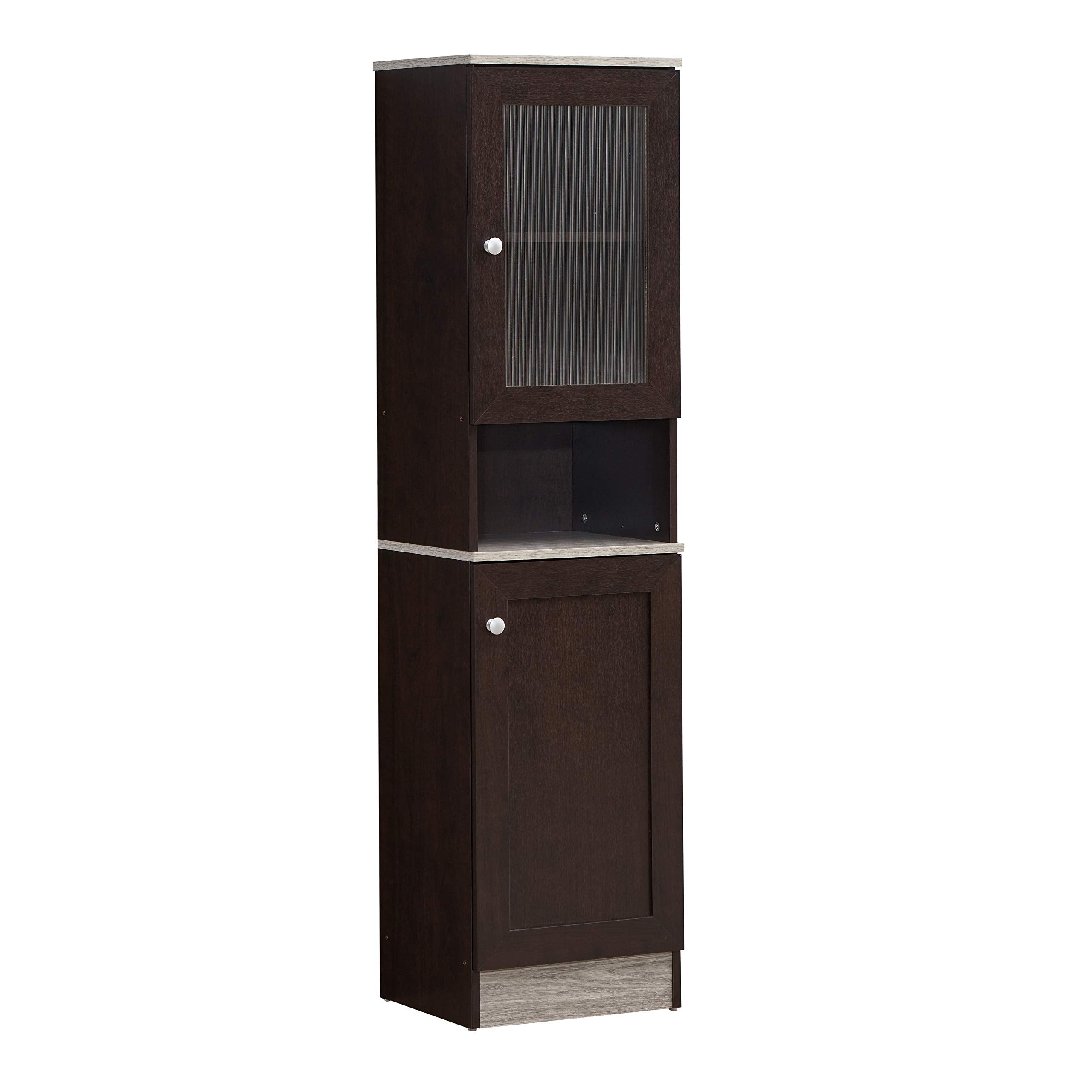 Hodedah 63 Tall Slim Open Shelf Plus Top and Bottom Enclosed Storage Kitchen Pantry, Chocolate-Grey (HIK93 Chocolate-Grey)