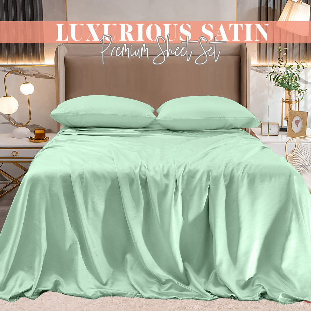 Elegant Comfort Luxurious 4-Piece Silky Satin Sheet Set, Skin And Hair Friendly, Wrinkle, Fade, Stain Resistant With Deep Pockets Fitted Sheet, Cooling Soft Satin Sheet Set, Queen, Mint Green