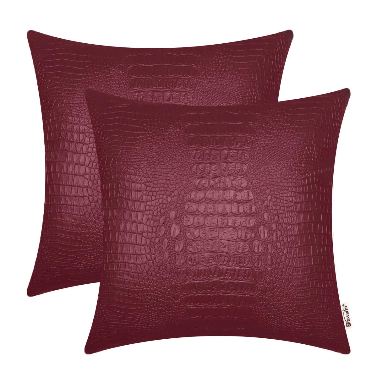 BRAWARM Faux Leather Pillow Covers 16 X 16 Inches, Burgundy Leather Pillow Covers Pack of 2, Crocodile Leather Decorative Throw 