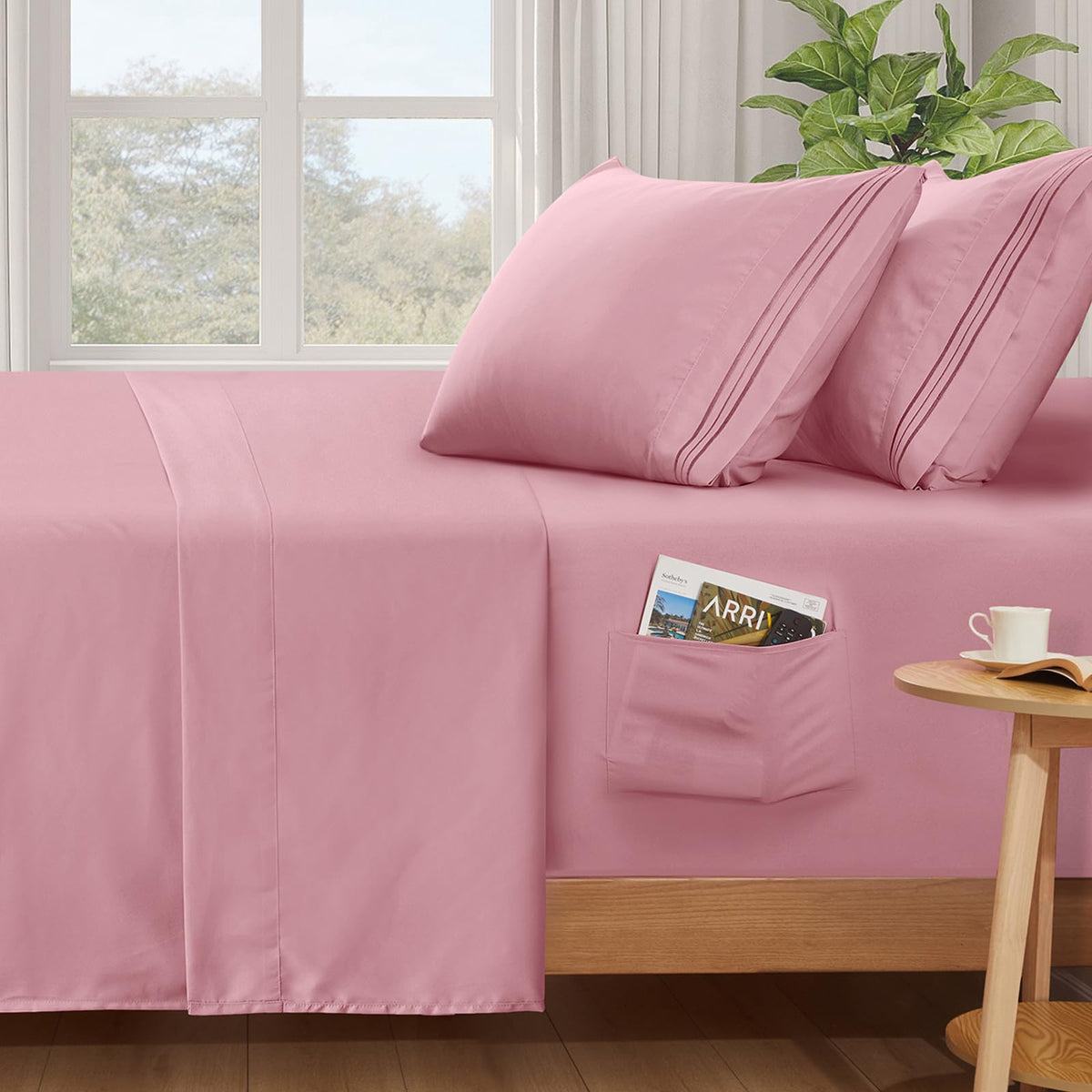 SiinvdaBZX Extra Deep Pocket Queen Sheets Set - Fits Mattress Up to 24 Inches Thick - 4 Piece Pink Deep Pocket Sheets for Air Ma