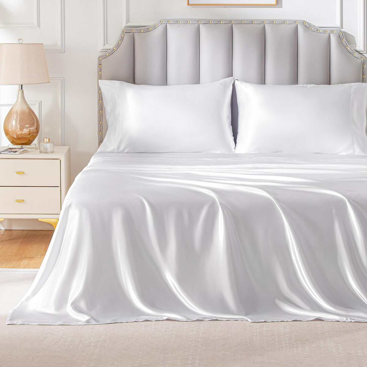 Freshculture Satin Sheets Cal King Size, Silky Soft Satin Bed Sheets, 4 Psc White Satin Sheets With Deep Pocket, Similar To Silk