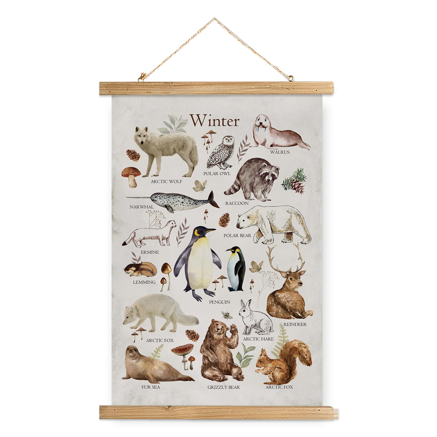 XIAOAIKA Winter Wildlife Educational Poster - Illustrated Arctic Animals Chart with Wooden Frame - Seasonal Nature Wall Art for 