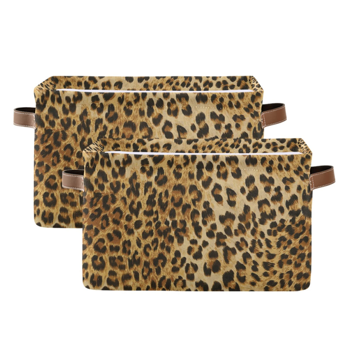 Leopard Print Canvas Storage Bin  Large Animal Toys Basket Cube Box With Handles for Home Office Bedroom Closet Shelves, 2 Pcs
