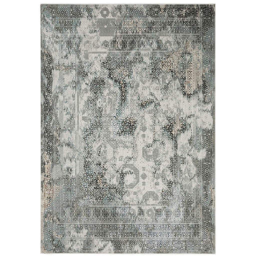 HomeRoots 508915 10 x 13 ft. Ivory Gray Charcoal Blue & Rust Oriental Power Loom Stain Resistant Rectangle Area Rug