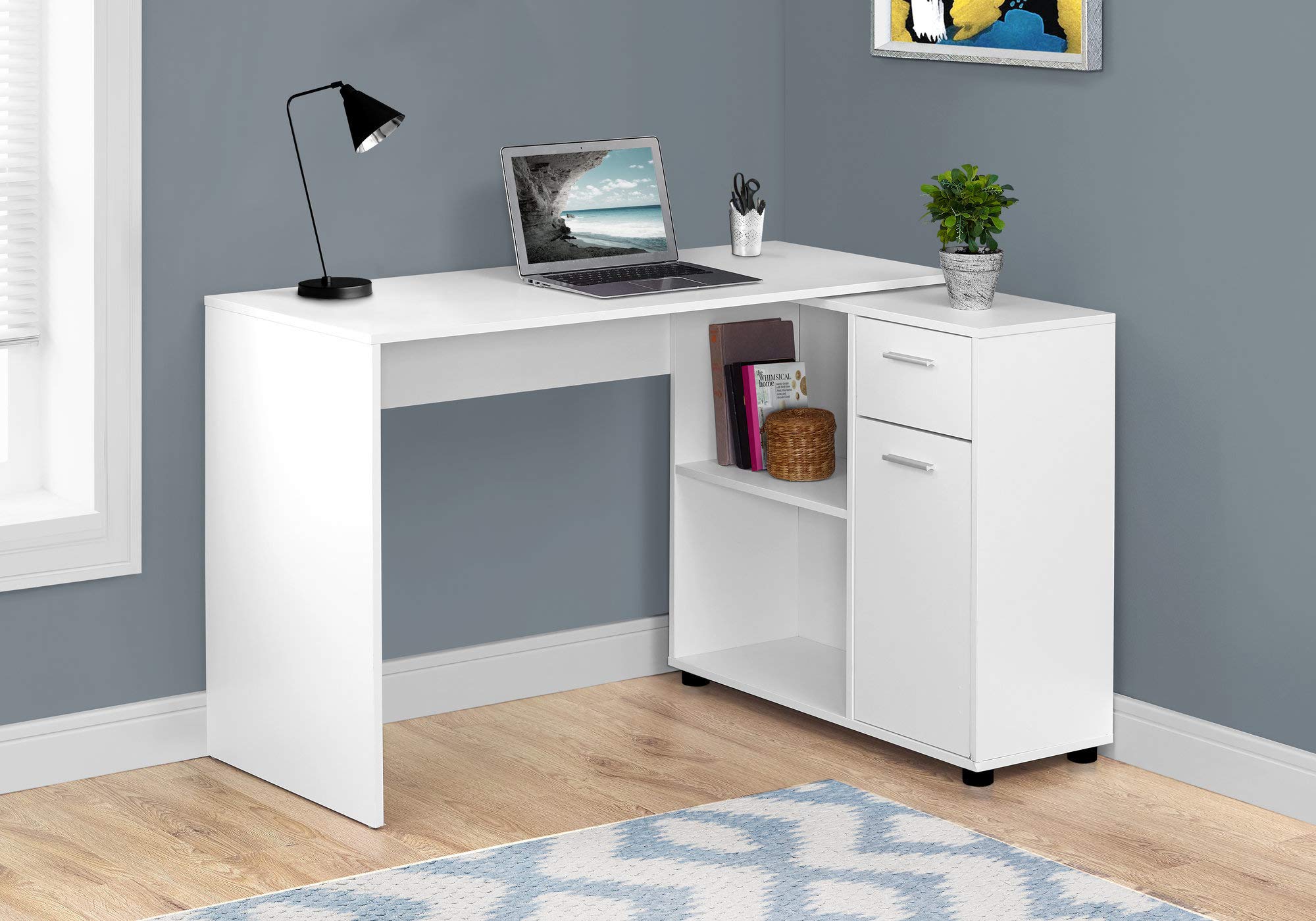 Monarch Specialties Workstation with Storage Shelves and Cabinet for Home & Office-Contemporary Style L Shaped Computer Desk, 46' L, White