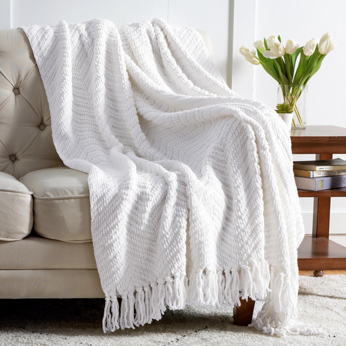 Bedsure Throw Blanket For Couch - White Versatile Knit Woven Chenille Blanket For Chair, Super Soft, Warm & Decorative Blanket W