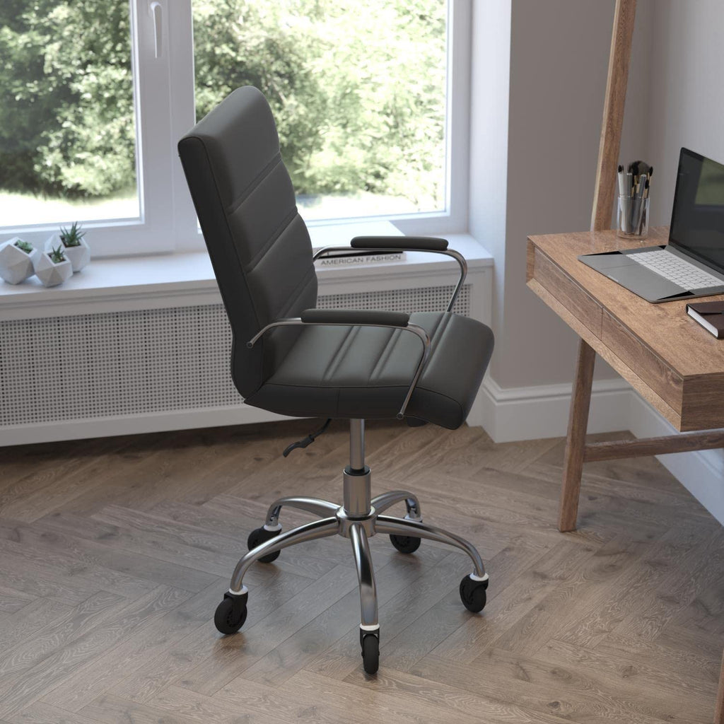 Flash Furniture Camilia Mid-Back Executive Swivel Office Chair With Chrome Frame, Arms, And Transparent Roller Wheels, 24&Quot;, Black Leathersoft