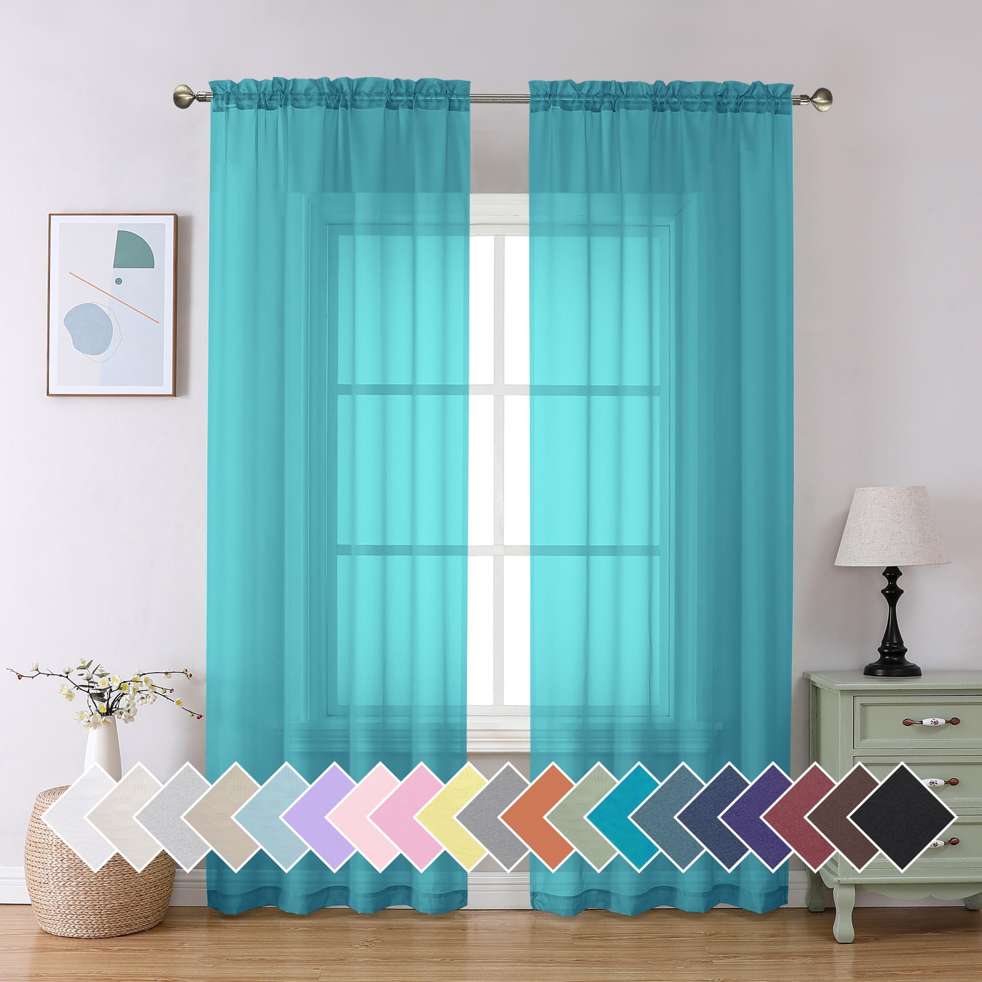 Aiyufeng Turquoise Sheer Curtains 84 Inches Long 2 Panels Set, Light Filtering Soft Airy Voile Rod Pocket Turquoise Sheer Window