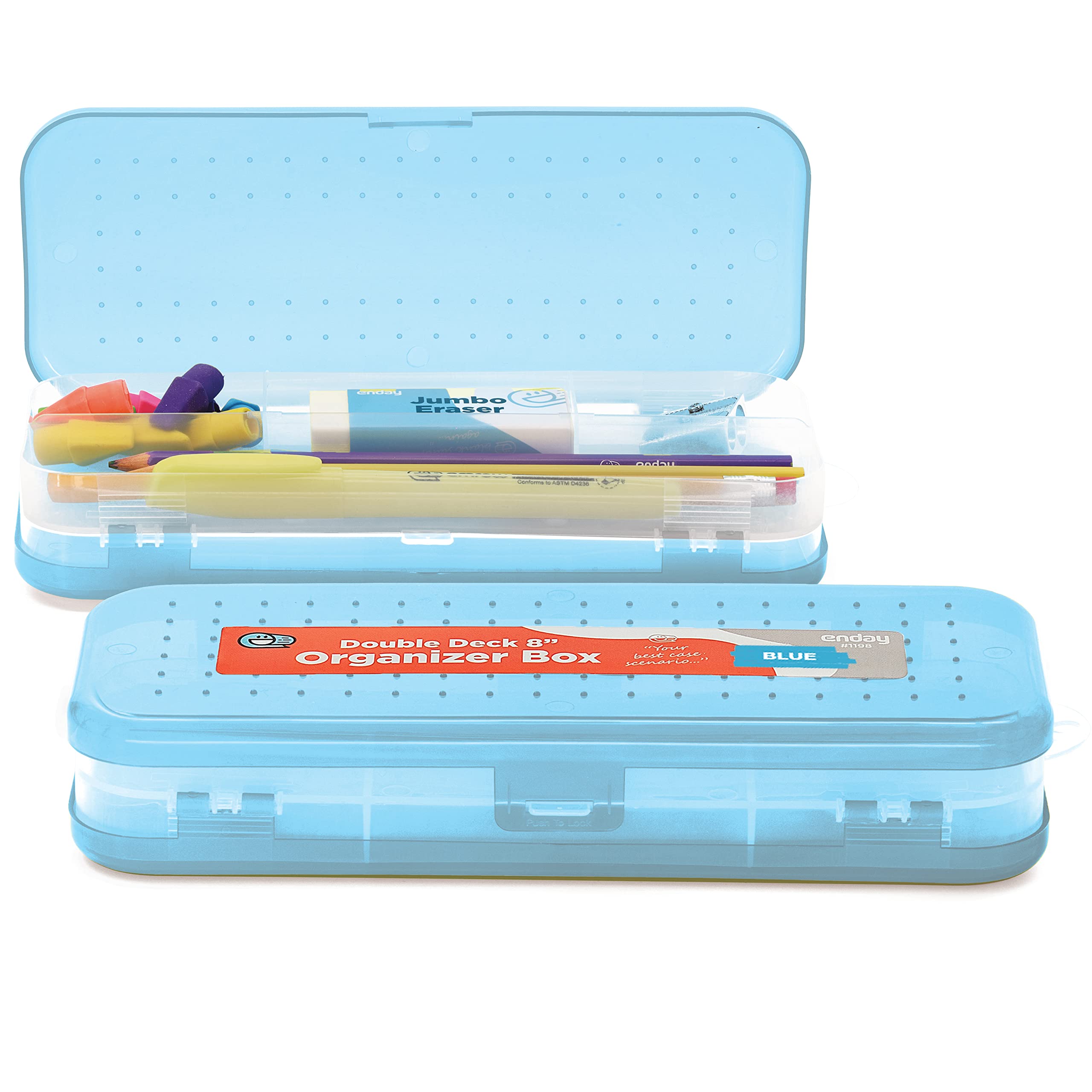 Enday Pencil Box Clear, Plastic Double Deck Pencil Case With 7 Compartments, Box Organizer With Snap Closure For Home And Office