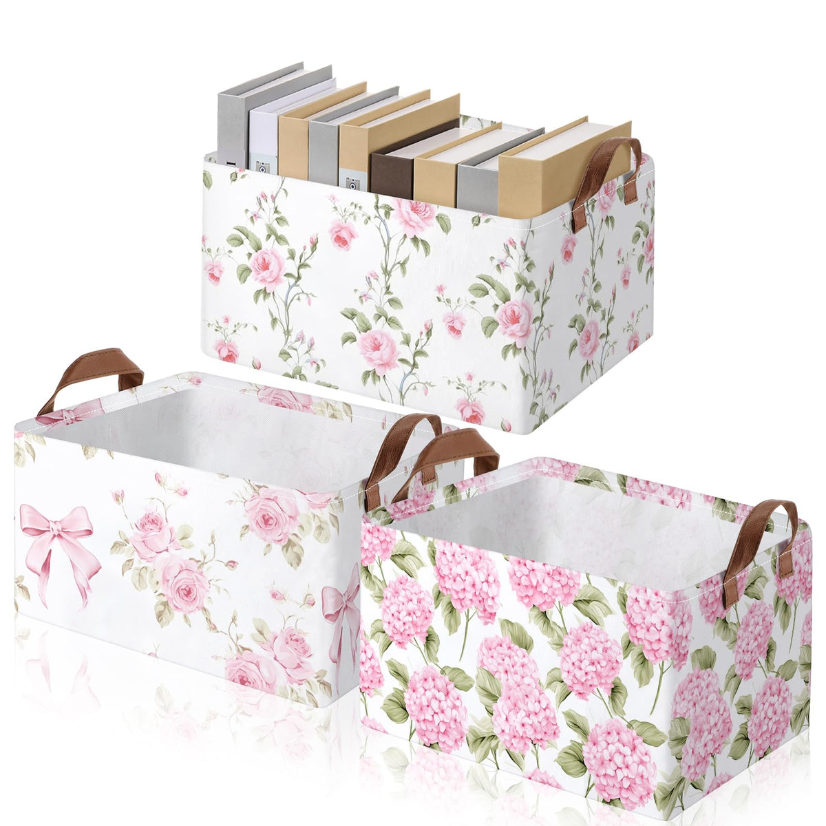 Boao 3 Pcs Foldable Storage Baskets, 15x11x8 Inch, Pink Floral