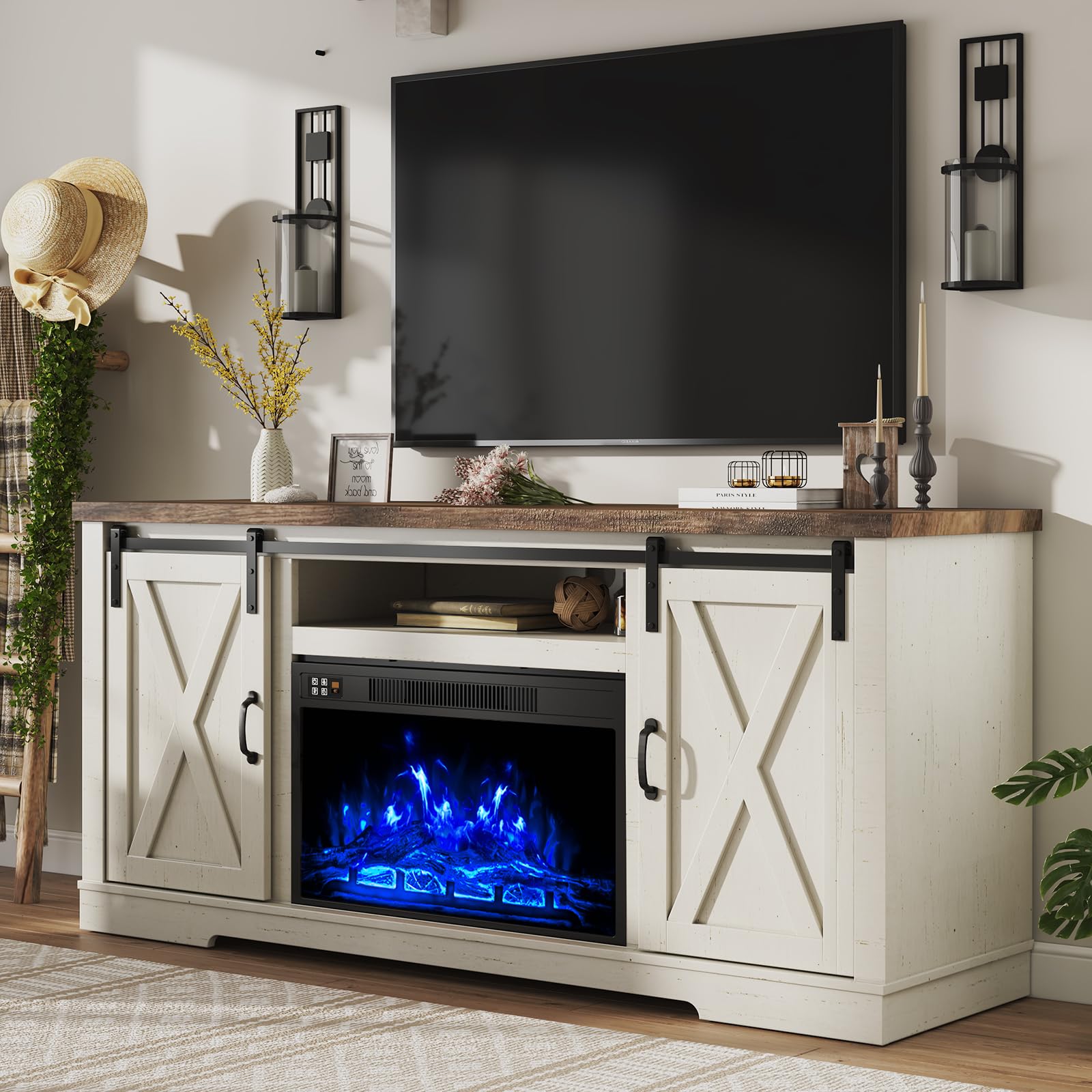 AMERLIFE Fireplace TV Stand with Sliding Barn Door for TVs up to 73 , Farmhouse 63  Fireplace Entertainment Center with Storage 