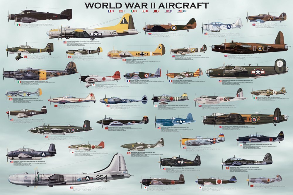 Laminated World War II Military Aircraft Educational Chart Poster Print 24x36