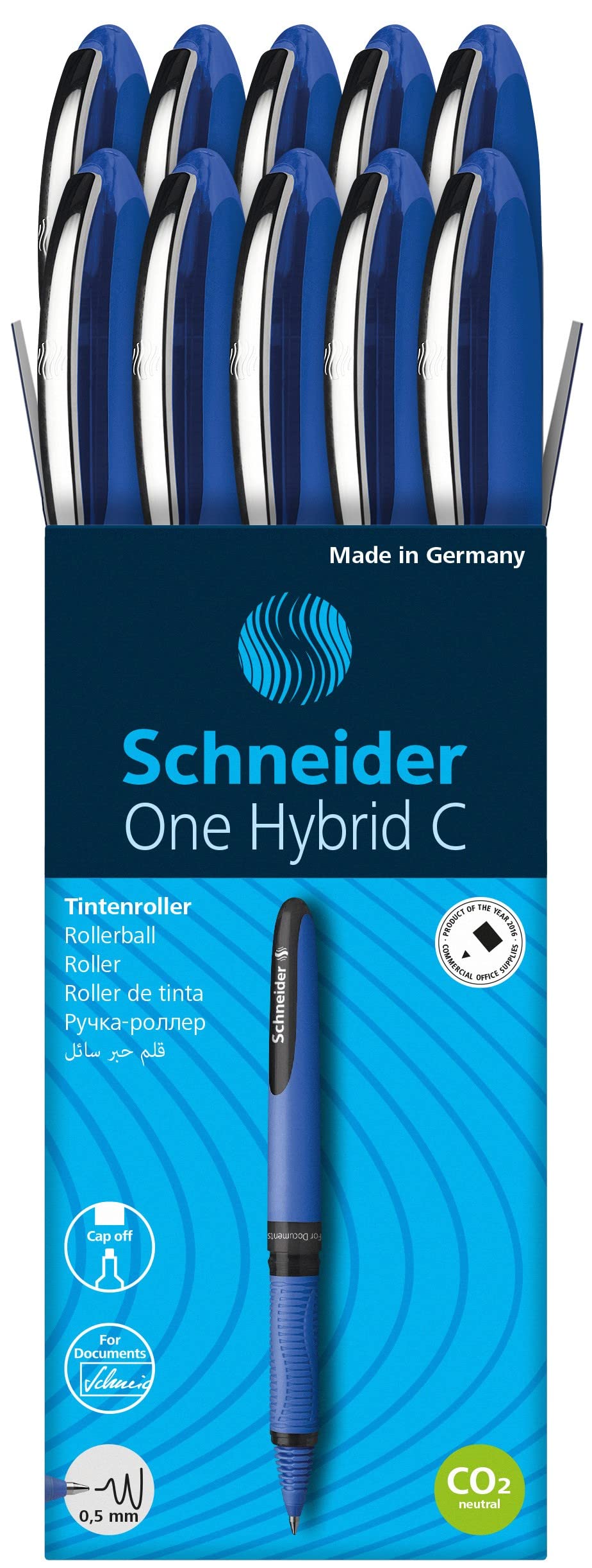Schneider One Hybrid C Rollerball Pen, 0.5 Mm Hybrid Conical Tip, Light Blue Barrel, Blue Ink, Box Of 10 Pens (183203)