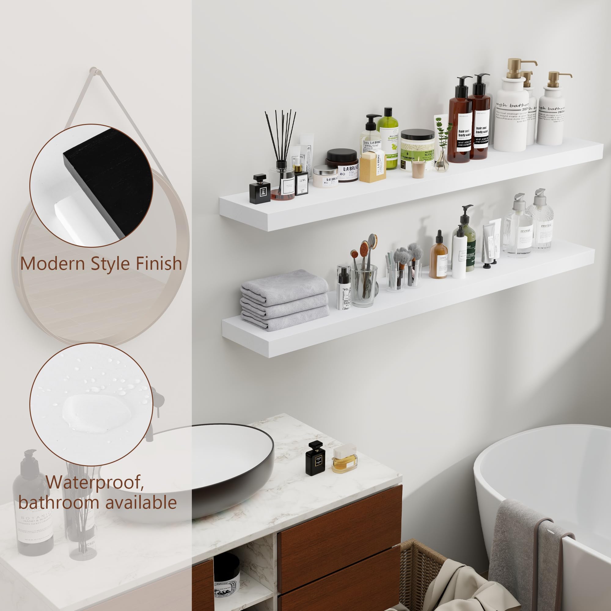 White Floating Shelves 48 Inch Set Of 2, Solid Wood Wall Mounted Shelves 48 Inches Long, Modern Floating Shelves For Bedroom Living Room Bathroom - White