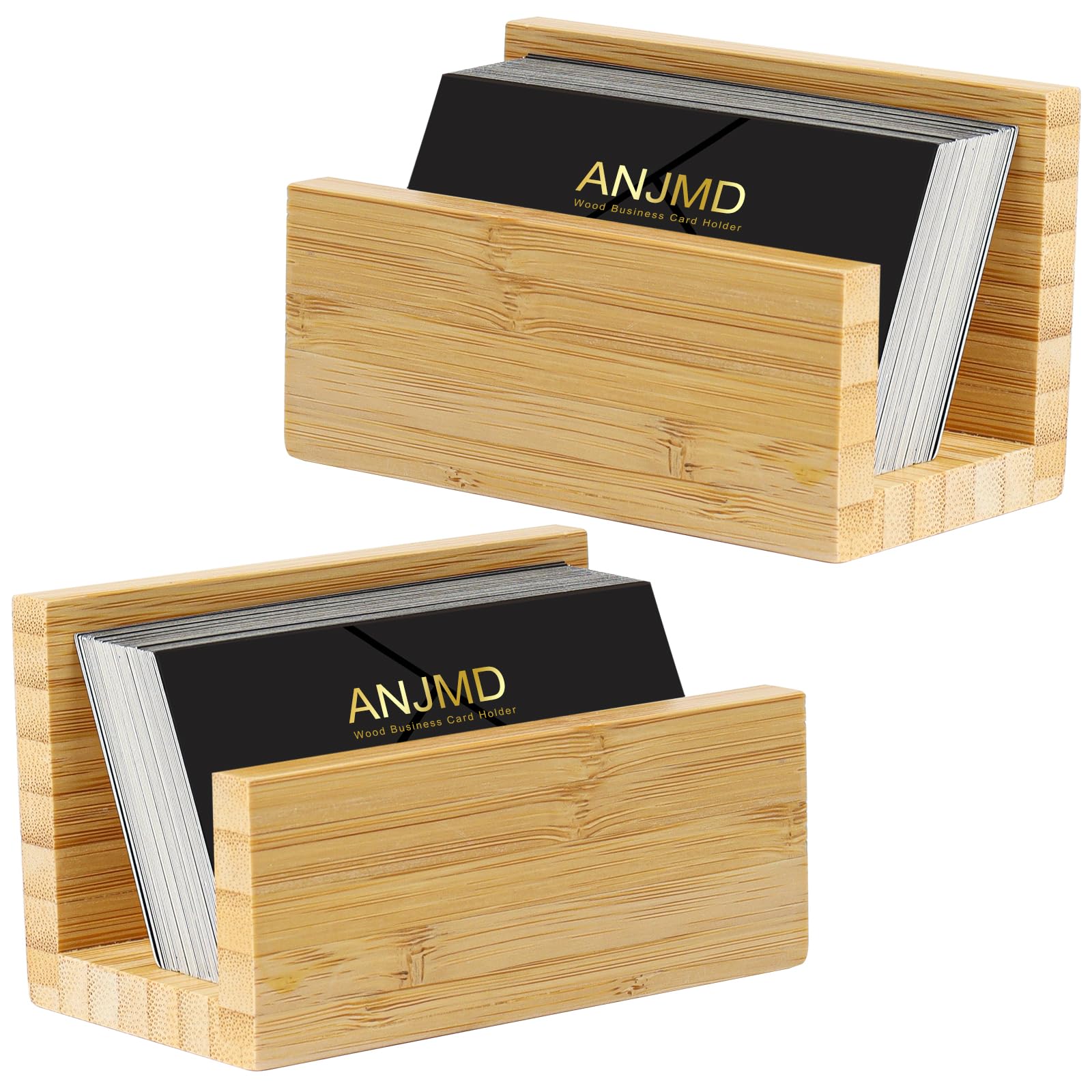 Anjmd 2 Pack Bamboo Wood Desktop Business Card Holder Display For Desk Sturdy Natural Bamboo Business Card Stand For Office Tabl