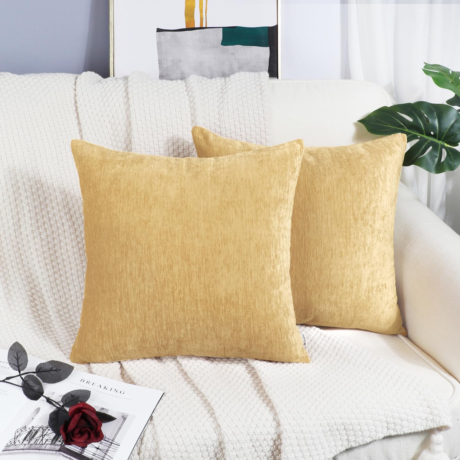 Brawarm Chenille Throw Pillow Covers 22X22 Inches - Gold Chenille Pillow Covers Pack Of 2, Solid Dyed Soft Chenille Pillow Cases