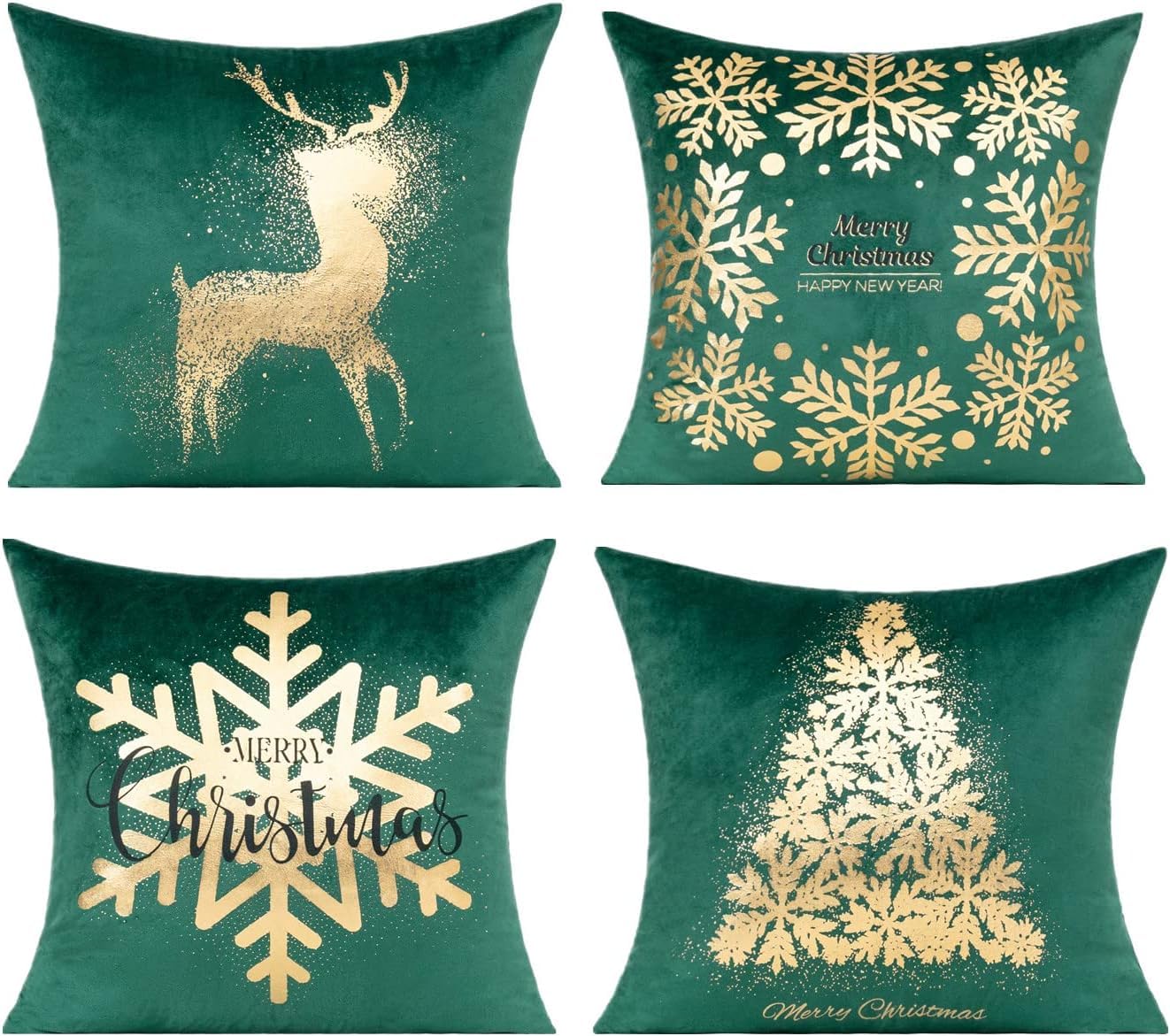 All Smiles Dark Green Gold Christmas Decorations Throw Pillow Covers Cases 18X18 Set Of 4 Winter Xmas Indoor Home D  Cor Ornamen
